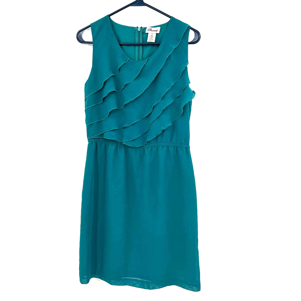 Shumaq size Small sleeveless dress teal‎ silk blend ruffle fitted waist rear zip